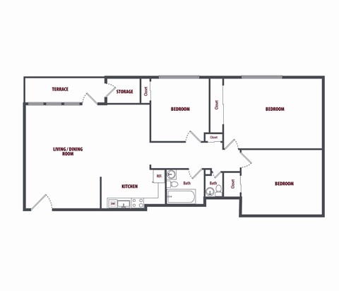 Floor plan for 3 beds, 1.5 baths, 1076 sqft